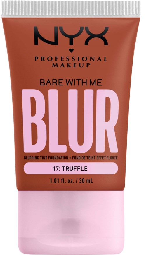 A tube of NYX professional makeup blur foundation labeled 'Bare With Me Blur' in shade 17 Truffle.