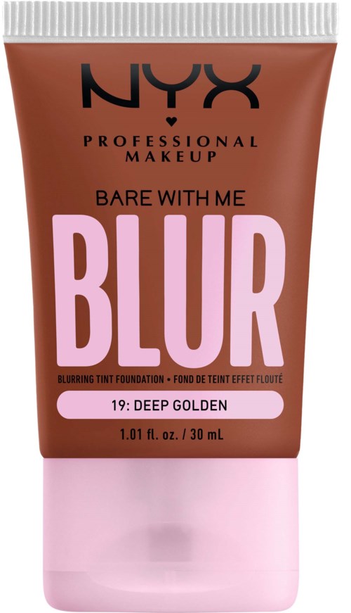 A tube of NYX Blur foundation, shade Deep Golden, in brown and pink colors with branding and product name.