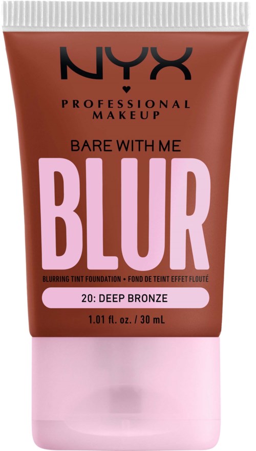 A tube of NYX Blur foundation in deep bronze, labeled "Bare With Me Blur" with 30 ml capacity.