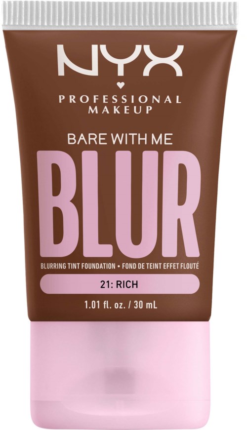 NYX Blur foundation tube is brown with pink and white text, labeled "Bare With Me Blur" and "21: Rich."