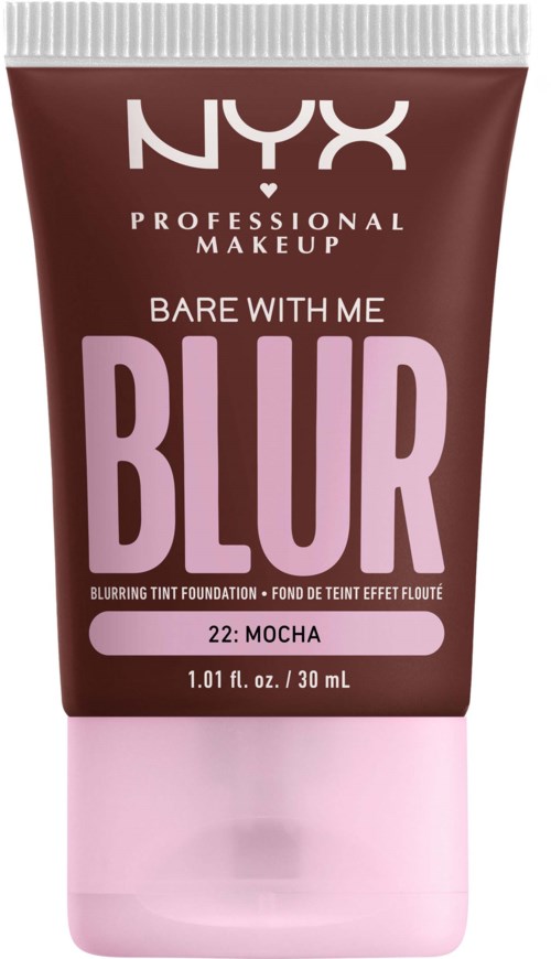 NYX Blur foundation in a brown bottle with pink cap and large text saying 'BLUR' and 'Mocha'.