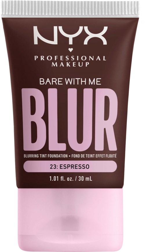 A NYX Blur foundation in a brown tube with pink cap, named 'Bare With Me Blur', shade 23 Espresso, 30 mL.