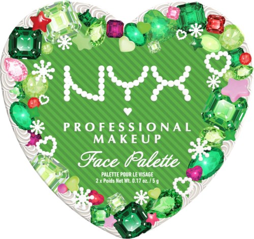 Hjärtformat kosmetikask med gröna ränder och färgglada ädelstenar, med NYX-loggan och text för professionell makeup-palett.