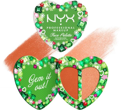 NXY ansiktspalett med ett grönt, smyckesprytt hjärtaformat fodral och texten Gem it out! på locket.