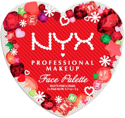 Hjärtformat sminkpalett med juldekorationer, röd bakgrund och vitt text som säger NYX Professional Makeup Face Palette.