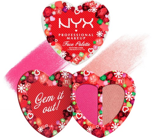 NYX ansiktspalette med rosa och bruna nyanser omgiven av hjärtformad förpackning dekorerad med små frukt- och blomsterillustrationer.
