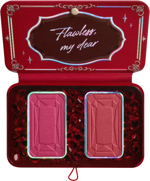 Compact make-up palette met twee roze blushes in een rode decoratieve doos met tekst "Flawless, my dear."