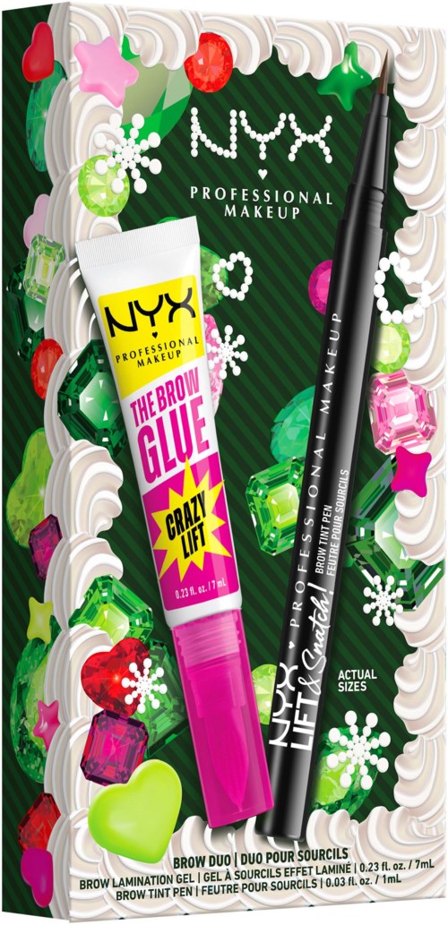 NYX bryn duo-sett med lim og penn, omgitt av fargerike candies og snøfnugg på en festlig bakgrunn.