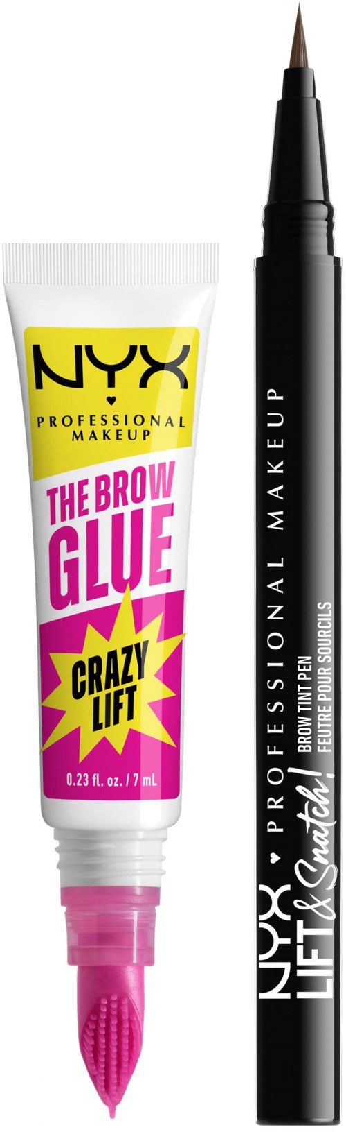 NYX øyenbrynsgel i tube med rosa applikator og svart NYX profesjonell makeup flytende tusj.