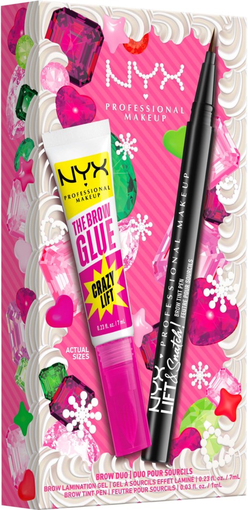 NYX bryngel og brynkosten på rosa dekorativ emballasje med hjerter og stjerner.