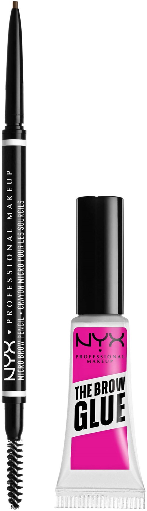 Makeup-Tools inklusive Augenbrauenstift und Augenbrauengel mit schwarzen Kappen und pink-weißem Etikett.