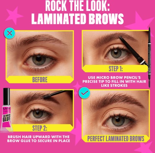 Schritte für laminierte Augenbrauen mit Make-up, inklusive Verwendung eines Mikro-Augenbrauenstifts und Augenbrauenklebers.