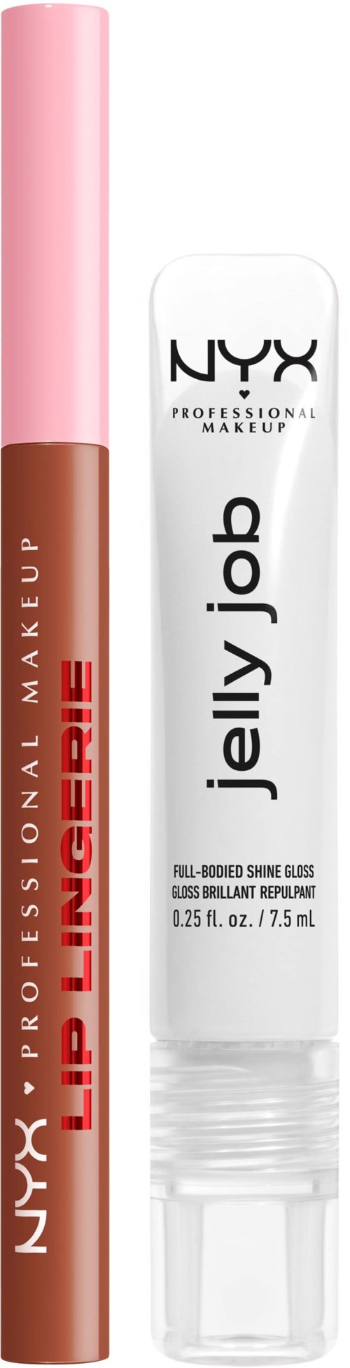 Een lipgloss in een doorzichtige tube met roze dop, merknaam NYX en Jelly Job.