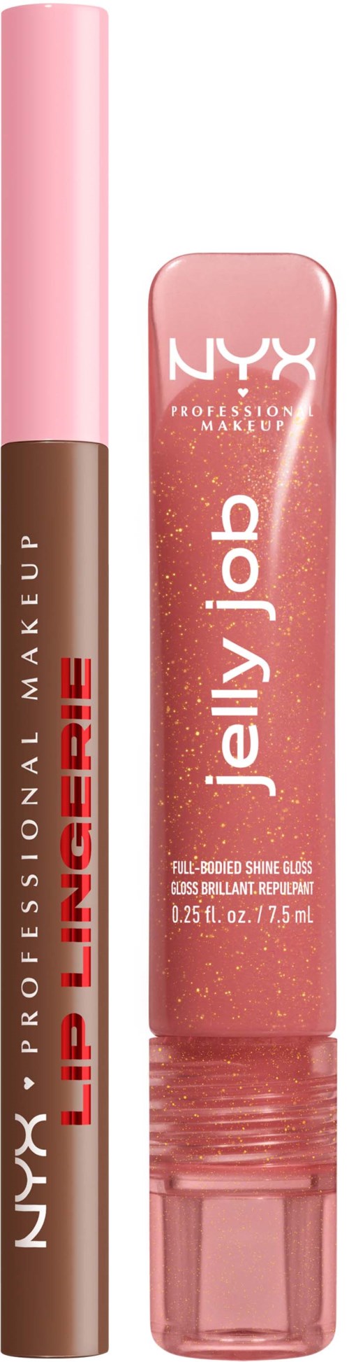 Lippenbalsem met roze dop en doorzichtige tube die roze lipgloss laat zien. Gemarkeerd met NYX en 'Jelly Job'.