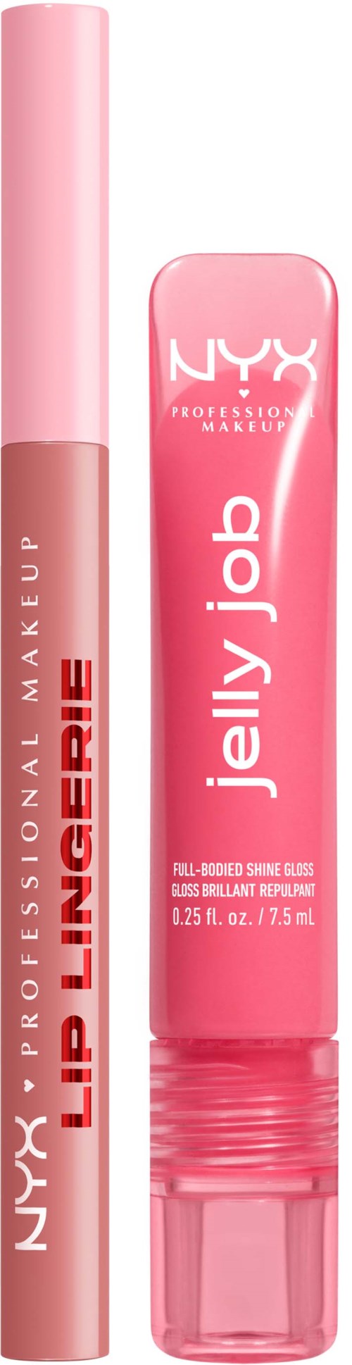 Lippenstift en lipgloss-stift met roze doppen. Tekst toont merk, productnaam en beschrijving.