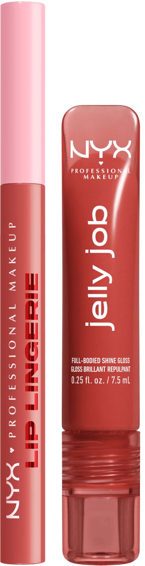 Een lipgloss en een lippenbalsem in roze en rood van NYX. Lipgloss is doorzichtig.