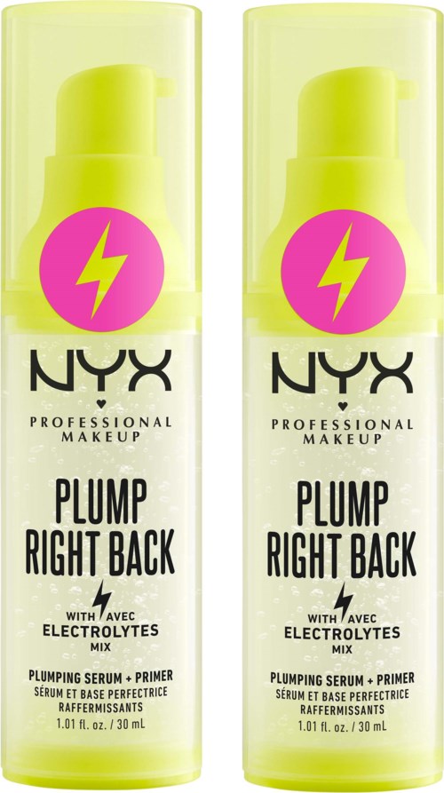Twee flessen NYX Plump Right Back met gele pomp en roze bliksemsymbool. Ze zijn huidverzorgingsproducten met elektrolyten.