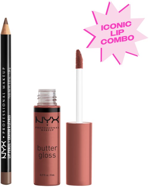 NYX butter gloss och läpppenna med en rosa etikett som visar Iconic Lip Combo text.