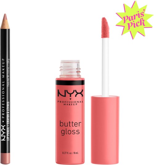 Läppglansapplikator med rosa-glansig yta bredvid NYX butter gloss behållare, märkt med produktnamn. Paris pick-stjärna.