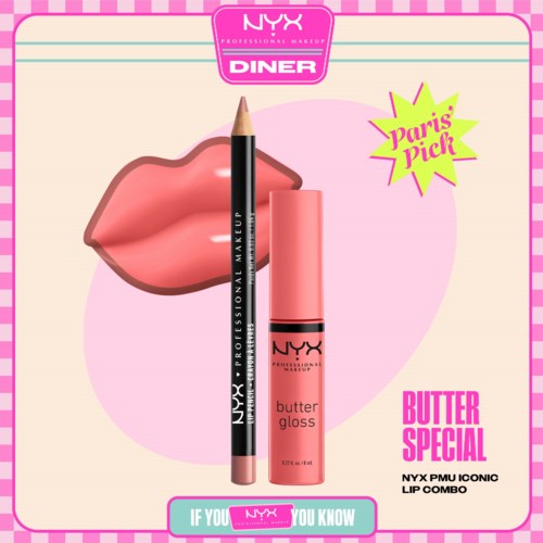 Läppglans och läpppennor i rosa nyanser med löst och produktillustrationer, som främjar NYX Butter Gloss och läppkombo.