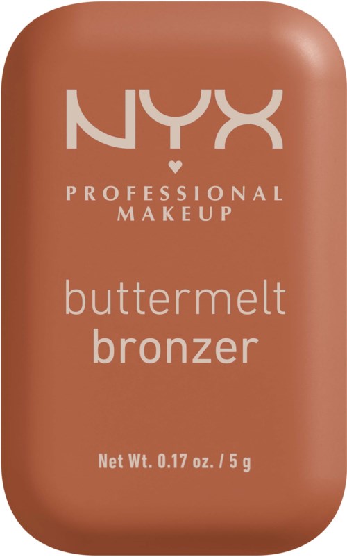 Ein kompaktes, pfirsichfarbenes Make-up-Produkt mit der Bezeichnung 'NYX Professional Makeup buttermelt bronzer' und Gewichtsangabe.