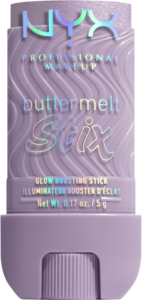 A makeup product in a purple container with colorful text and a large twist-up base.