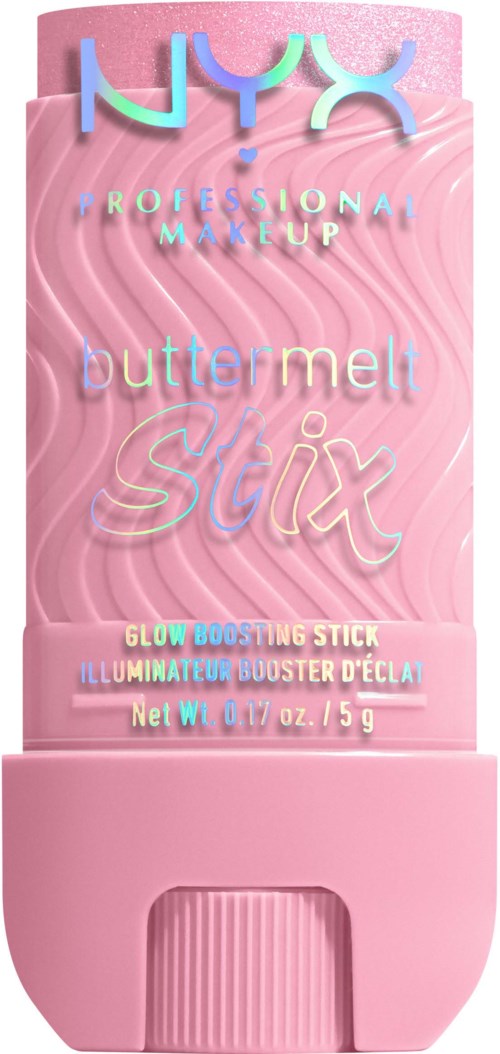 Ein pinker Glow-Boosting-Stick mit buntem Text und strukturierter Gestaltung, für professionelle Make-up. Es steht NYX, butter melt, six, glow und mehr.