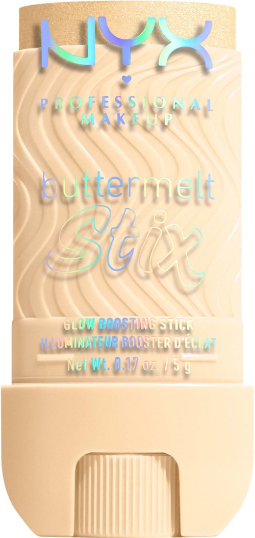 A beige stick with pastel-colored text and a wavy pattern, labeled as a glow boosting stick from NYX.
