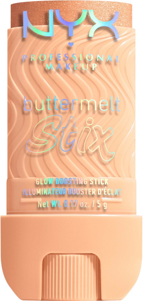 A peach-colored makeup stick tube with colorful text and a textured design, labeled as NYX Butter Melt Glow Stick.