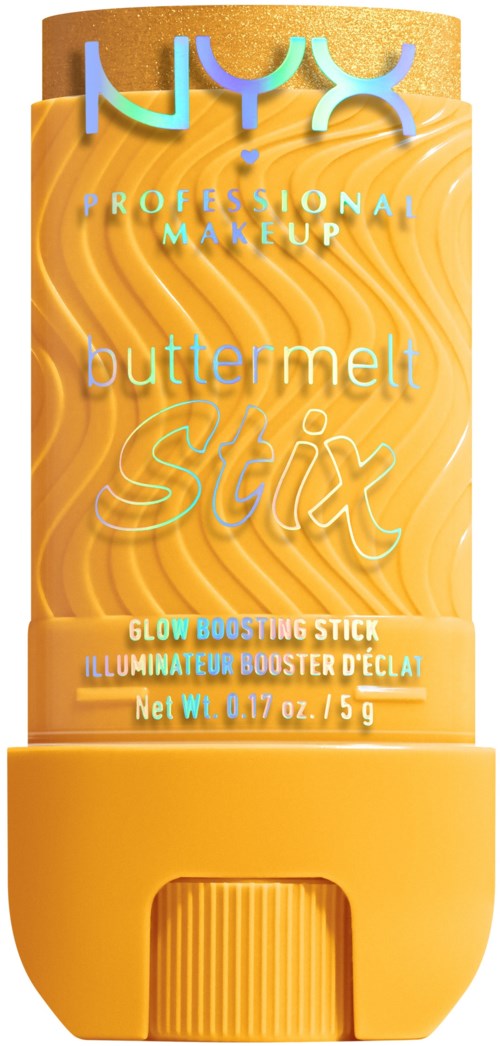 A yellow glow boosting stick with blue and white brand text, labeled 'buttermelt Stix' and 'Glow Boosting Stick'.
