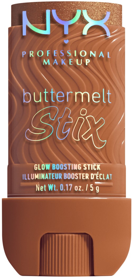 A brown glow stick with text about NYX professional makeup, butter melt, and glow boost enhancer.