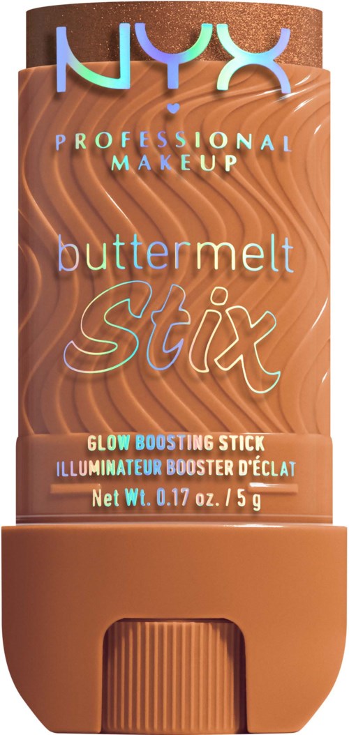 A brown tube with shiny blue and white NYX logo, promoting a glow-boosting makeup product called Butter Melt Stix.