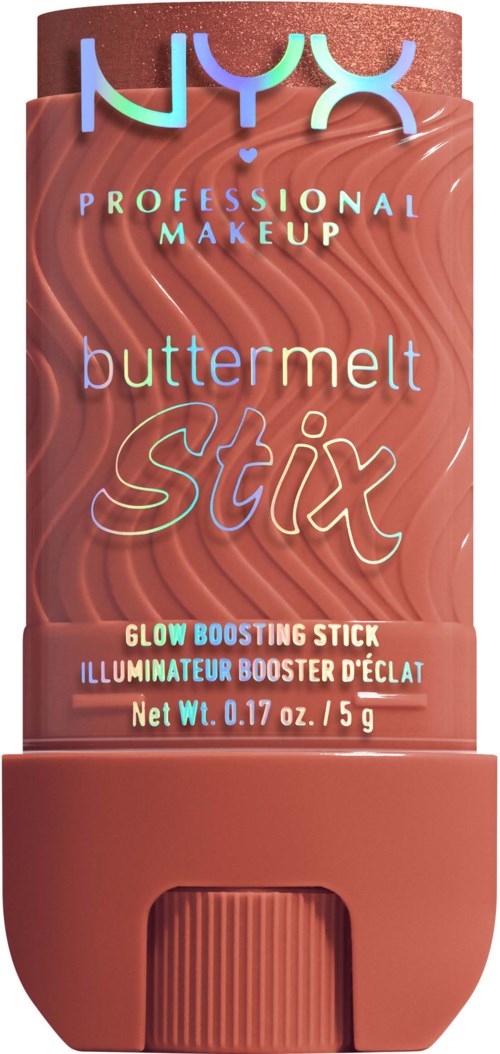 A glow stick with pinkish packaging, branded NYX, labeled 'buttermelt Stix', 'Professional Makeup', and 'Glow Boosting Stick'.