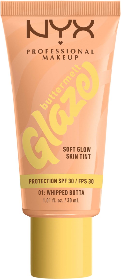 Ein pfirsichfarbiger Tube NYX Butter Gloss mit SPF 30 für weiche Haut, in der Farbe Whipped Butta.