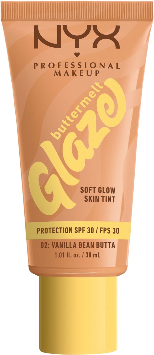 Eine Tube NYX Butter Gloss mit SPF 30 in Vanille Bean Butta Geschmack. Es ist beige mit gelbem Deckel.