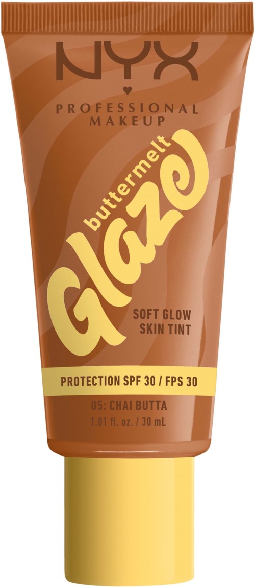 Eine Tube NYX Butter Gloss Skin Tint mit SPF 30, genannt 'Chocolate' in braun und gelb design.