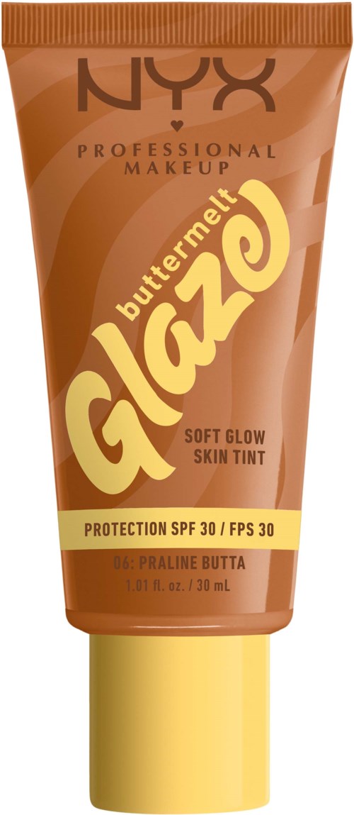 Eine Tube NYX Butter Gloss, Soft Glow Haut-Tönung, SPF 30, in Praline Butta Geschmack.
