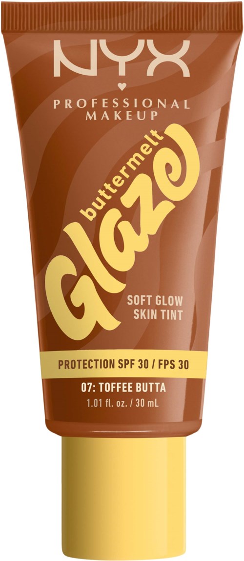 Eine Tube NYX Butter Glaze Lippenstift, Farbton 07 Toffee Butta, mit Sonnenschutz SPF 30 und weichem Glanz.