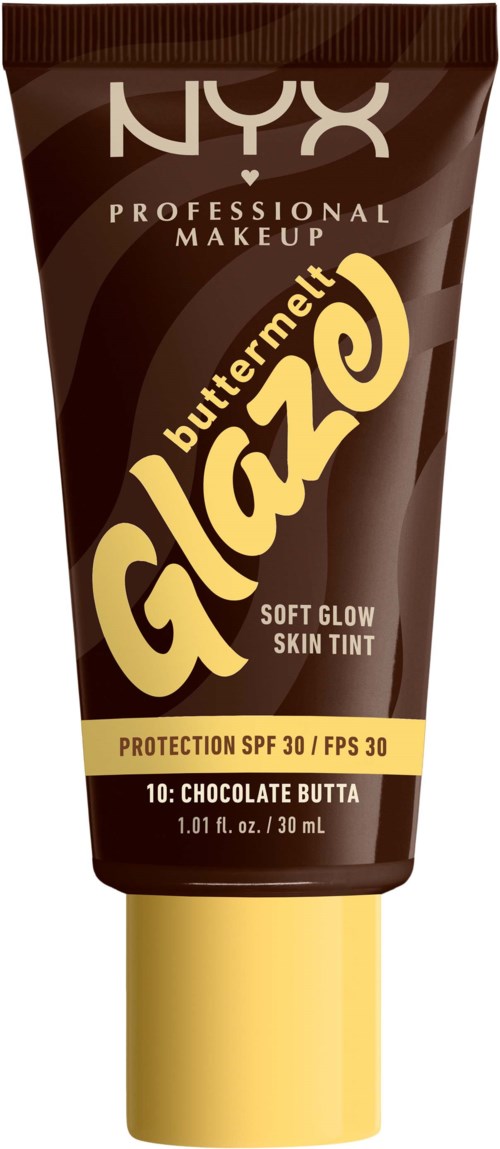 Braune Tube NYX Butter Gloss mit SPF 30, Schokoladenduft, gelber Deckel.