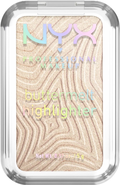 NYX butter melt highlighter, lichtgekleurde achtergrond met golvende patronen, productnaam in kleurrijke tekst.