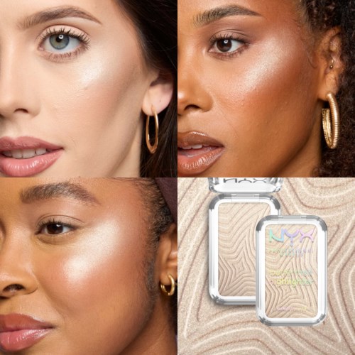 Een make-up product met drie vrouwen met verschillende huidskleuren en een compacte highlighter of oogschaduw.