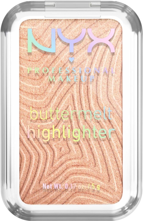 NYX Professional Makeup buttermilk highlighter in een doorzichtige case met een getextureerde roze achtergrond.