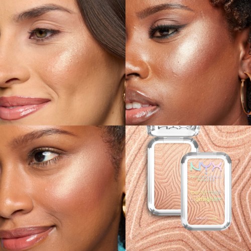 Close-up van drie vrouwen met stralende huid en make-up, samen met twee make-up compacten op een patroonachtige ondergrond.