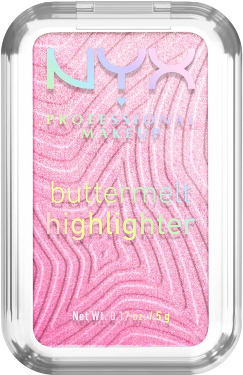 Een klein roze make-up product met pastelgekleurde tekst, omringd door doorzichtig plastic, gemarkeerd "buttermelt highlighter."
