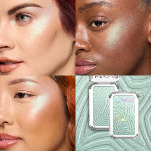 Close-up van vier vrouwen met make-up, huid en een make-up palette met spiegel.