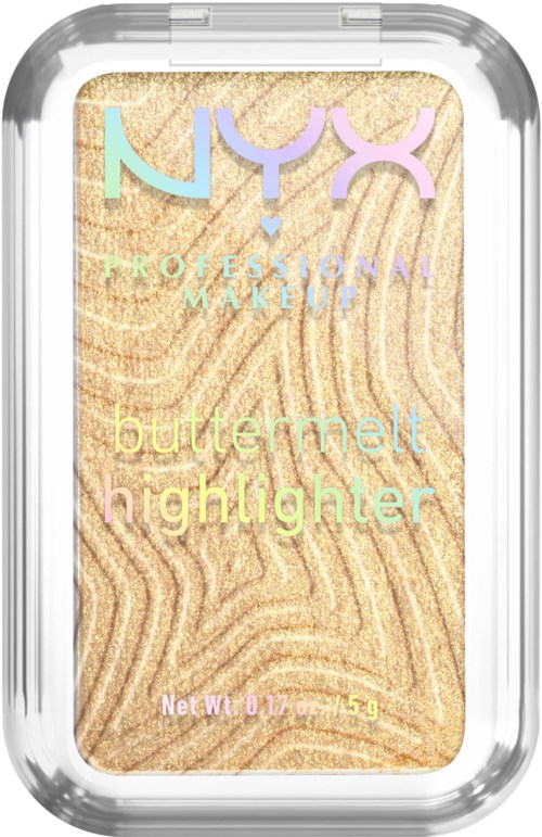 Ein Make-up-Highlighter in einem transparenten Behälter mit holzartigem Muster auf dem Etikett.