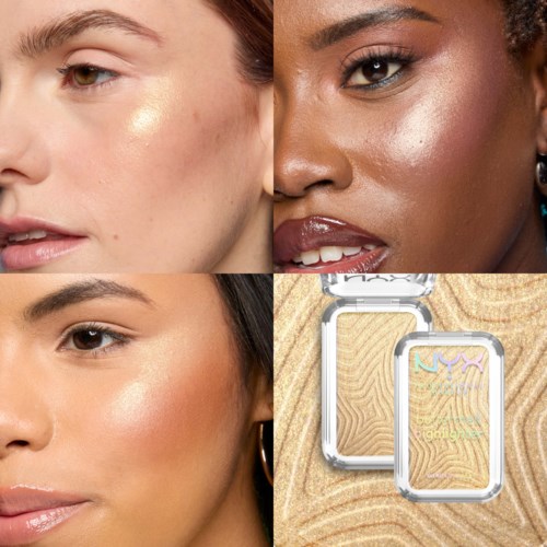 Nahaufnahme von drei Frauen mit strahlender Haut und unterschiedlichen Hauttönen, zusammen mit zwei Make-up-Highlightern in Behältern.