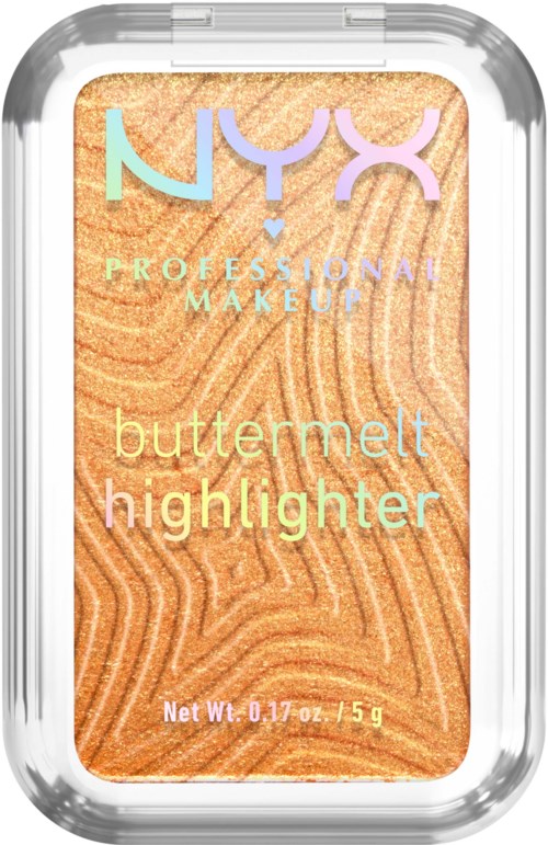 Ein Make-up-Highlighter-Tablett mit beige, strukturierter Oberfläche und bunzigem NYX-Logo oben.
