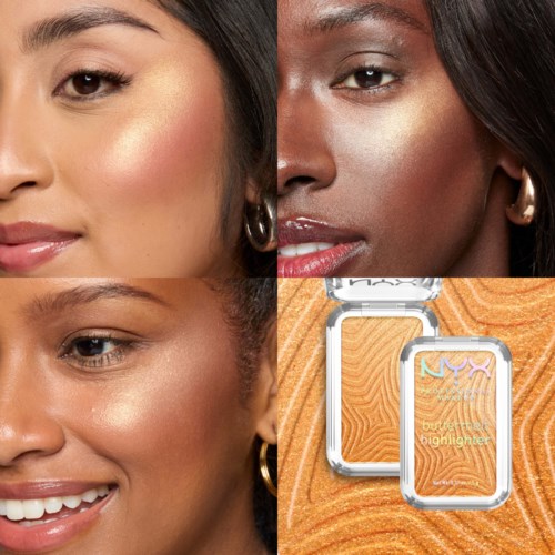 Drei verschiedene Frauen mit strahlender Haut, hellem Make-up und großen Ohrringen, zusammen mit einer orangefarbenen Highlighter-Box.