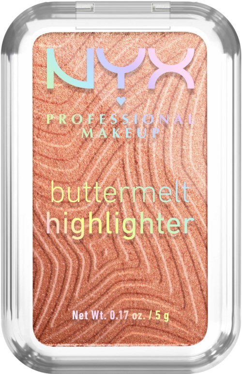 Make-up-Highlighter in einer transparenten Plastikbox mit texturierter pfirsichfarbener Oberfläche und buntem Text.